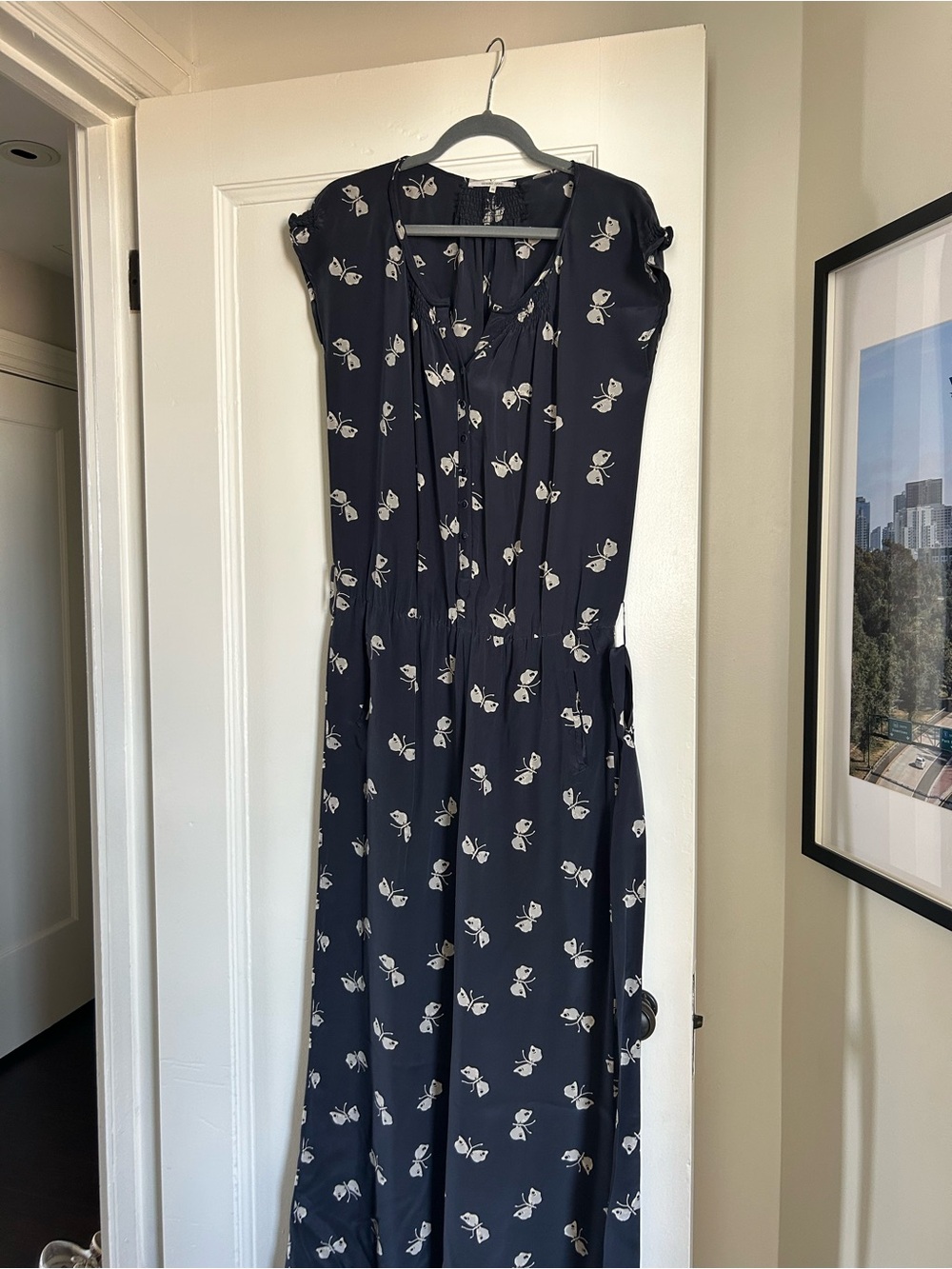 Gérard Darel 100% Silk Butterfly Print Jumpsuit Navy
